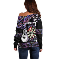 Personalised New Zealand Darts Off Shoulder Sweater Ngutukaka Manaia Taniko Luxury Purple - Polynesian Pride
