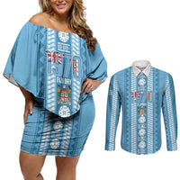 Fiji Day 1970 Couples Matching Off Shoulder Short Dress and Long Sleeve Button Shirt For Fiji Ever Fiji Tapa Pattern Blue LT14 Blue - Polynesian Pride