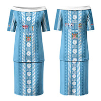 Fiji Day 1970 Couples Matching Puletasi and Long Sleeve Button Shirt For Fiji Ever Fiji Tapa Pattern Blue LT14 - Polynesian Pride