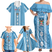 Fiji Day 1970 Family Matching Off Shoulder Maxi Dress and Hawaiian Shirt For Fiji Ever Fiji Tapa Pattern Blue LT14 - Polynesian Pride