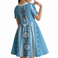 Fiji Day 1970 Kid Short Sleeve Dress For Fiji Ever Fiji Tapa Pattern Blue LT14 - Polynesian Pride