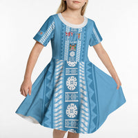 Fiji Day 1970 Kid Short Sleeve Dress For Fiji Ever Fiji Tapa Pattern Blue LT14 - Polynesian Pride
