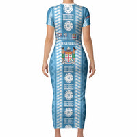 Fiji Day 1970 Short Sleeve Bodycon Dress For Fiji Ever Fiji Tapa Pattern Blue LT14 - Polynesian Pride
