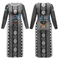 Fiji Day 1970 Couples Matching Long Sleeve Bodycon Dress and Long Sleeve Button Shirt For Fiji Ever Fiji Tapa Pattern White LT14 - Polynesian Pride