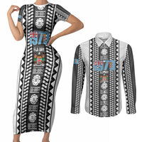 Fiji Day 1970 Couples Matching Short Sleeve Bodycon Dress and Long Sleeve Button Shirt For Fiji Ever Fiji Tapa Pattern White LT14 White - Polynesian Pride
