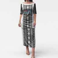 Fiji Day 1970 Puletasi For Fiji Ever Fiji Tapa Pattern White LT14 Long Dress White - Polynesian Pride