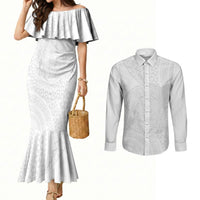 Tonga White Sunday Couples Matching Mermaid Dress and Long Sleeve Button Shirt Fakame Tongan Ngatu Turtle LT14 White - Polynesian Pride