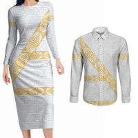 Tonga White Sunday Couples Matching Long Sleeve Bodycon Dress and Long Sleeve Button Shirt Fakame Tongan Ngatu Pattern Gold Strips LT14 White - Polynesian Pride