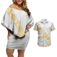 Tonga White Sunday Couples Matching Off Shoulder Short Dress and Hawaiian Shirt Fakame Tongan Ngatu Pattern Gold Strips LT14 White - Polynesian Pride
