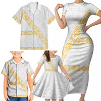 Tonga White Sunday Family Matching Short Sleeve Bodycon Dress and Hawaiian Shirt Fakame Tongan Ngatu Pattern Gold Strips LT14 - Polynesian Pride