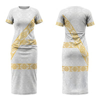 Tonga White Sunday Family Matching Short Sleeve Bodycon Dress and Hawaiian Shirt Fakame Tongan Ngatu Pattern Gold Strips LT14 Mom's Dress White - Polynesian Pride