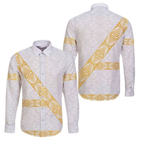 Tonga White Sunday Family Matching Short Sleeve Bodycon Dress and Hawaiian Shirt Fakame Tongan Ngatu Pattern Gold Strips LT14 Dad's Shirt - Long Sleeve White - Polynesian Pride