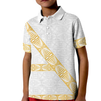Tonga White Sunday Kid Polo Shirt Fakame Tongan Ngatu Pattern Gold Strips LT14 Kid White - Polynesian Pride