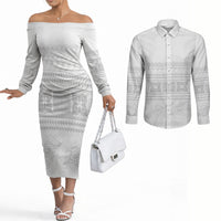 Samoa White Sunday Couples Matching Off The Shoulder Long Sleeve Dress and Long Sleeve Button Shirt Lotu Tamaiti Samoan Siapo Teuila Flowers LT14 White - Polynesian Pride