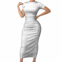 Samoa White Sunday Short Sleeve Bodycon Dress Lotu Tamaiti Samoan Siapo Teuila Flowers LT14 Long Dress White - Polynesian Pride