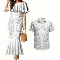 Niue White Sunday Couples Matching Mermaid Dress and Hawaiian Shirt Aho Tapu Fanau Hiapo Pattern LT14 White - Polynesian Pride