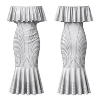 Niue White Sunday Couples Matching Mermaid Dress and Long Sleeve Button Shirt Aho Tapu Fanau Hiapo Pattern LT14 - Polynesian Pride