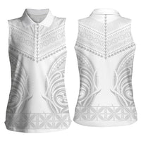 Niue White Sunday Women Sleeveless Polo Shirt Aho Tapu Fanau Hiapo Pattern LT14 - Polynesian Pride