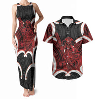Whero Aotearoa Atua Tumatauenga Personalised Couples Matching Tank Maxi Dress and Hawaiian Shirt Maori God Of War Tiki With Taiaha LT14 Red - Polynesian Pride