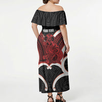 Whero Aotearoa Atua Tumatauenga Personalised Off Shoulder Maxi Dress Maori God Of War Tiki With Taiaha LT14 - Polynesian Pride