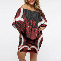 Whero Aotearoa Atua Tumatauenga Personalised Off Shoulder Short Dress Maori God Of War Tiki With Taiaha LT14 Women Red - Polynesian Pride