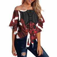 Whero Aotearoa Atua Tumatauenga Personalised Off Shoulder Wrap Waist Top Maori God Of War Tiki With Taiaha LT14 Red - Polynesian Pride