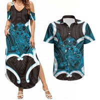 Kikorangi Aotearoa Atua Tumatauenga Personalised Couples Matching Summer Maxi Dress and Hawaiian Shirt Maori God Of War Tiki With Taiaha LT14 Blue - Polynesian Pride