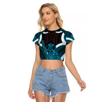 Kikorangi Aotearoa Atua Tumatauenga Personalised Raglan Cropped T Shirt Maori God Of War Tiki With Taiaha LT14 Female Blue - Polynesian Pride