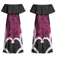 Mawhero Aotearoa Atua Tumatauenga Personalised Couples Matching Off Shoulder Maxi Dress and Hawaiian Shirt Maori God Of War Tiki With Taiaha LT14 - Polynesian Pride