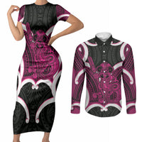 Mawhero Aotearoa Atua Tumatauenga Personalised Couples Matching Short Sleeve Bodycon Dress and Long Sleeve Button Shirt Maori God Of War Tiki With Taiaha LT14 Pink - Polynesian Pride