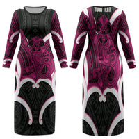 Mawhero Aotearoa Atua Tumatauenga Personalised Family Matching Long Sleeve Bodycon Dress and Hawaiian Shirt Maori God Of War Tiki With Taiaha LT14 Mom's Dress Pink - Polynesian Pride