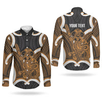 Karaka Aotearoa Atua Tumatauenga Personalised Couples Matching Off Shoulder Short Dress and Long Sleeve Button Shirt Maori God Of War Tiki With Taiaha LT14 - Polynesian Pride