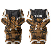 Karaka Aotearoa Atua Tumatauenga Personalised Couples Matching Off Shoulder Short Dress and Long Sleeve Button Shirt Maori God Of War Tiki With Taiaha LT14 - Polynesian Pride