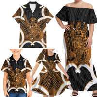 Karaka Aotearoa Atua Tumatauenga Personalised Family Matching Off Shoulder Maxi Dress and Hawaiian Shirt Maori God Of War Tiki With Taiaha LT14 - Polynesian Pride