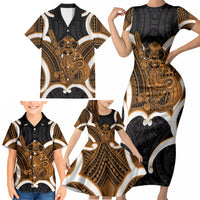 Karaka Aotearoa Atua Tumatauenga Personalised Family Matching Short Sleeve Bodycon Dress and Hawaiian Shirt Maori God Of War Tiki With Taiaha LT14 - Polynesian Pride