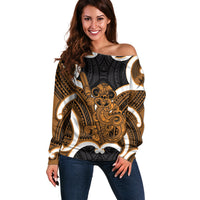 Karaka Aotearoa Atua Tumatauenga Personalised Off Shoulder Sweater Maori God Of War Tiki With Taiaha LT14 Women Orange - Polynesian Pride