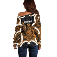 Karaka Aotearoa Atua Tumatauenga Personalised Off Shoulder Sweater Maori God Of War Tiki With Taiaha LT14 - Polynesian Pride