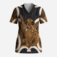Karaka Aotearoa Atua Tumatauenga Personalised Scrub Top Maori God Of War Tiki With Taiaha LT14 Adult Orange - Polynesian Pride