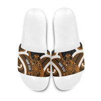 Karaka Aotearoa Atua Tumatauenga Personalised Slide Sandals Maori God Of War Tiki With Taiaha LT14 Orange - Polynesian Pride