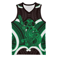 Kakariki Aotearoa Atua Tumatauenga Personalised Basketball Jersey Maori God Of War Tiki With Taiaha LT14 Unisex Green - Polynesian Pride