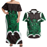 Kakariki Aotearoa Atua Tumatauenga Personalised Couples Matching Off Shoulder Maxi Dress and Hawaiian Shirt Maori God Of War Tiki With Taiaha LT14 Green - Polynesian Pride