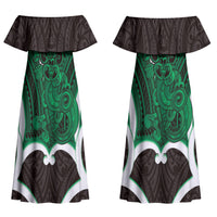 Kakariki Aotearoa Atua Tumatauenga Personalised Couples Matching Off Shoulder Maxi Dress and Hawaiian Shirt Maori God Of War Tiki With Taiaha LT14 - Polynesian Pride