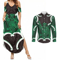 Kakariki Aotearoa Atua Tumatauenga Personalised Couples Matching Summer Maxi Dress and Long Sleeve Button Shirt Maori God Of War Tiki With Taiaha LT14 Green - Polynesian Pride