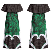 Kakariki Aotearoa Atua Tumatauenga Personalised Family Matching Off Shoulder Maxi Dress and Hawaiian Shirt Maori God Of War Tiki With Taiaha LT14 Mom's Dress Green - Polynesian Pride