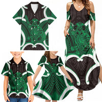 Kakariki Aotearoa Atua Tumatauenga Personalised Family Matching Summer Maxi Dress and Hawaiian Shirt Maori God Of War Tiki With Taiaha LT14 - Polynesian Pride