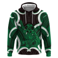 Kakariki Aotearoa Atua Tumatauenga Personalised Hoodie Maori God Of War Tiki With Taiaha LT14 Pullover Hoodie Green - Polynesian Pride