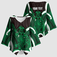 Kakariki Aotearoa Atua Tumatauenga Personalised Kimono Sleeve Blouse Maori God Of War Tiki With Taiaha LT14 - Polynesian Pride