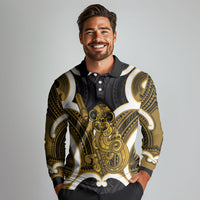 Kowhai Aotearoa Atua Tumatauenga Personalised Long Sleeve Polo Shirt Maori God Of War Tiki With Taiaha LT14 - Polynesian Pride