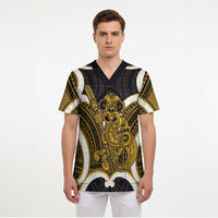 Kowhai Aotearoa Atua Tumatauenga Personalised Scrub Top Maori God Of War Tiki With Taiaha LT14 - Polynesian Pride