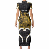 Kowhai Aotearoa Atua Tumatauenga Personalised Short Sleeve Bodycon Dress Maori God Of War Tiki With Taiaha LT14 - Polynesian Pride